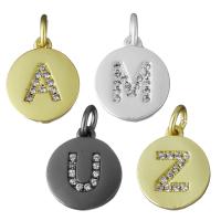 Cubique Pendentif en laiton zircon pavent, Plat rond, Placage, lettres sont de A à Z & pavé de micro zircon, plus de couleurs à choisir Environ 3mm, Vendu par PC