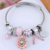 Zinc Alloy Cuff Bangle, with Glass Beads & Lampwork & Tiger Tail Wire, silver color plated, for woman & with rhinestone 55mm 
