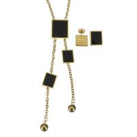Fashion Stainless Steel Jewelry Sets, Stud Earring & necklace, with Resin,  Square, oval chain & for woman, gold, 120mm 3mm Approx 20 Inch 