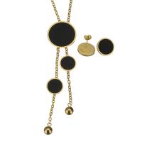 Fashion Stainless Steel Jewelry Sets, Stud Earring & necklace, with Resin, Flat Round, oval chain & for woman, gold, 115mm,28mm,3mm,16mm Approx 20 Inch 