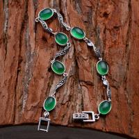 Brass Bracelets, with Green Calcedony, real silver plated, for woman, 185mm 