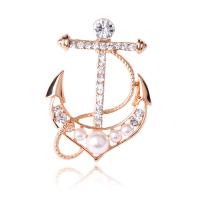 Rhinestone Zinc Alloy Brooch, with Plastic Pearl, Anchor, plated, for woman & with rhinestone 32*42mm 