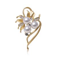 Zinc Alloy Brooch, with Plastic Pearl, Flower, plated, for woman & with rhinestone 39*64mm 