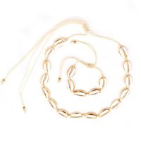ensembles de bijoux de mode en alliage zinc, alliage de zinc, Bracelet & collier, avec corde de coton & coquille, Placage, 2 pièces & Réglable & pour femme, doré, Vendu par fixé