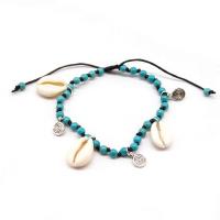 turquoise bracelet de cheville, avec corde de coton & coquille & alliage de zinc, Placage, Réglable & bijoux de mode & pour femme, argent Environ 14.1 pouce, Vendu par brin