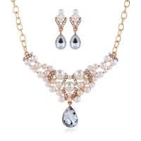 Rhinestone Zinc Alloy Jewelry Set, earring & necklace, with Plastic Pearl, plated, oval chain & for woman & with rhinestone nickel, lead & cadmium free Approx 18.5 Inch 