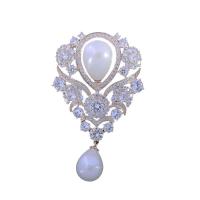 Freshwater Pearl Brooch, Brass, with Freshwater Pearl, gold color plated, for woman & with rhinestone, 26*16mm 