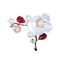 Rhinestone Brass Brooch, with Freshwater Pearl, Flower, gold color plated, for woman & with rhinestone, 65*56mm 