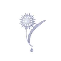 Broche de zircon cubique, laiton, avec zircon cubique, fleur, Plaqué de platine, pavé de micro zircon & pour femme, 54*36mm, Vendu par PC
