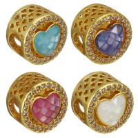 Cubic Zirconia Micro Pave Brass Beads, with Abalone Shell, Heart, real gold plated, micro pave cubic zirconia & hollow Approx 4.5mm 