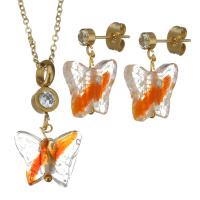 Rhinestone stainless steel Jewelry Set, earring & necklace, with Glass, Butterfly, gold color plated, oval chain & for woman & with rhinestone, 30mm 2mm,20mm Approx 17 Inch 