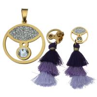 Rhinestone stainless steel Jewelry Set, pendant & earring, with Cotton Thread & Rhinestone Clay Pave, Tassel, gold color plated, for woman & with rhinestone, purple  Approx 
