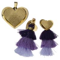 Parures de bijoux en acier inoxydable, pendentif & boucle d'oreille, avec Fil de coton, coeur, Placage de couleur d'or, pour femme & givré, violet  Environ Vendu par fixé