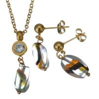 Rhinestone stainless steel Jewelry Set, earring & necklace, with Glass, gold color plated, oval chain & for woman & with rhinestone, 35mm 2mm,25mm Approx 17 Inch 