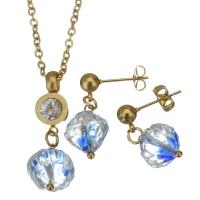 Rhinestone stainless steel Jewelry Set, earring & necklace, with Glass, gold color plated, oval chain & for woman & with rhinestone, 33mm 2mm,24mm Approx 17 Inch 