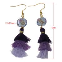 Stainless Steel Tassel Earring, with Cotton Thread & Glass, gold color plated, for woman, purple, 71mm 