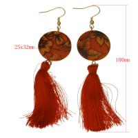 Stainless Steel Tassel Earring, with Cotton Thread & Acrylic, gold color plated, for woman, red, 100mm 