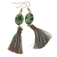 Stainless Steel Tassel Earring, with Cotton Thread & Acrylic, gold color plated, for woman, 77mm 