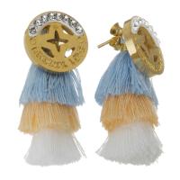 Stainless Steel Tassel Earring, with Cotton Thread & Rhinestone Clay Pave, gold color plated, for woman 