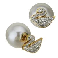 clou d'oreille en acier inoxydable avec stras, avec argile & perle de plastique, Placage de couleur d'or, pour femme 16mm, Vendu par paire