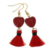 Stainless Steel Tassel Earring, with Cotton Thread & Acrylic, Heart, gold color plated, for woman, 60mm 