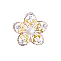 Freshwater Pearl Brooch, Brass, with Cubic Zirconia & Freshwater Pearl, Flower, gold color plated, micro pave cubic zirconia & for woman, 43*43mm 