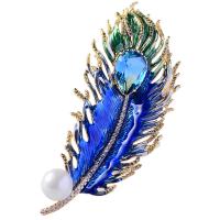 Freshwater Pearl Brooch, Brass, with Cubic Zirconia & Freshwater Pearl, Feather, gold color plated, micro pave cubic zirconia & for woman 78*32mm 