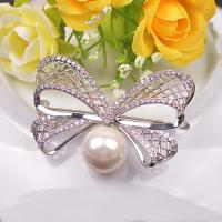 Freshwater Pearl Brooch, Brass, with Cubic Zirconia & Freshwater Pearl, Butterfly, platinum plated, micro pave cubic zirconia & for woman, 50*46mm 