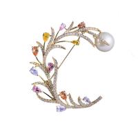Freshwater Pearl Brooch, Brass, with Cubic Zirconia & Freshwater Pearl, Branch, gold color plated, micro pave cubic zirconia & for woman, 56*47mm 