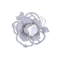 Plastic Pearl Brooch, Brass, with Cubic Zirconia & Plastic Pearl, Flower, platinum plated, micro pave cubic zirconia & for woman, 44*46mm 