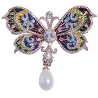 Plastic Pearl Brooch, Brass, with Cubic Zirconia & Plastic Pearl, Butterfly, gold color plated, micro pave cubic zirconia & for woman 54*58.7mm 