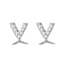 Cubic Zirconia Micro Pave Sterling Silver Earring, 925 Sterling Silver, Letter V, micro pave cubic zirconia & for woman, silver color 