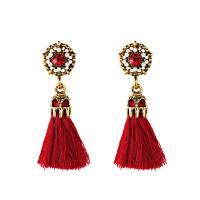 Nylon Cord Tassel Earring, with Zinc Alloy, gold color plated, with rhinestone 55mm 