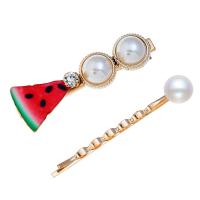 Hair Slide, Zinc Alloy, with Resin & Plastic Pearl, gold color plated & with rhinestone 65mm 
