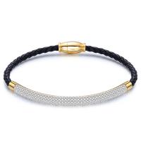 Titanium Steel Bracelet, with Leather & Rhinestone Clay Pave, gold color plated, for woman, 3mm Approx 7 Inch 