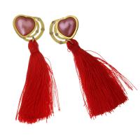Stainless Steel Tassel Earring, with Cotton Thread & acrylic rhinestone, gold color plated, for woman, 64mm 