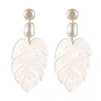 Acetate Drop Earring, with Plastic Pearl & Zinc Alloy, Leaf, gold color plated, for woman, 87*38mm 