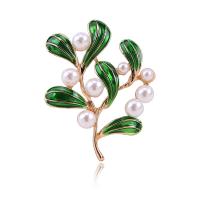 Zinc Alloy Brooch, with Plastic Pearl, Leaf, gold color plated, for woman 34*43mm 