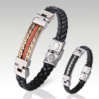 Titanium Steel Bracelet, with leather cord, plated, wavy grain & Unisex .5 Inch 
