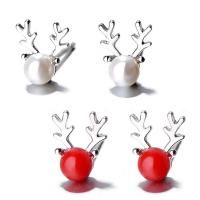 Sterling Silver Stud Earring, 925 Sterling Silver, with Shell Pearl, Antlers, for woman 4mm 