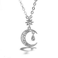 Cubic Zirconia Micro Pave Sterling Silver Necklace, 925 Sterling Silver, Moon, micro pave cubic zirconia & for woman, silver color, 40cm+5cm,1.2cm 