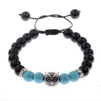 Black Obsidian Bracelet, with Synthetic Turquoise, Owl, Adjustable & Unisex, 8mm .5-9.8 Inch 