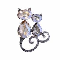 Rhinestone Brass Brooch, Cat, silver color plated, for woman & with rhinestone, 42*30mm 