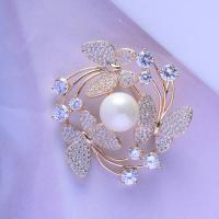 Brass Brooch, with Plastic Pearl, Butterfly, plated, micro pave cubic zirconia & for woman 45*45mm 