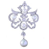 Brass Brooch, with Plastic Pearl, silver color plated, micro pave cubic zirconia & for woman, 70*46mm 