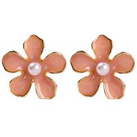 Enamel Zinc Alloy Stud Earring, with Plastic Pearl, Flower, plated, fashion jewelry & for woman 