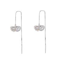 Sterling Silver Thread Through Earrings, 925 Sterling Silver, with Glass Pearl, Shell, for woman, silver color, 6mmuff0c 80mm 