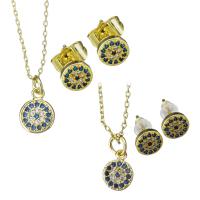 Cubic Zirconia Micro Pave Brass Jewelry Sets, Stud Earring & necklace, Flat Round, real gold plated, oval chain & micro pave cubic zirconia & for woman Approx 16.5 Inch, Approx 1 Inch, Approx 16 Inch, Approx 1 Inch 