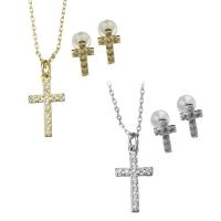 Cubic Zirconia Micro Pave Brass Jewelry Sets, Stud Earring & necklace, Cross, plated, oval chain & micro pave cubic zirconia & for woman 1mm Approx 16.5 Inch, Approx 1 Inch 