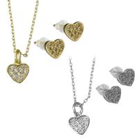 Cubic Zirconia Micro Pave Brass Jewelry Sets, Stud Earring & necklace, Heart, plated, oval chain & micro pave cubic zirconia & for woman 1mm Approx 16.5 , Approx 1 